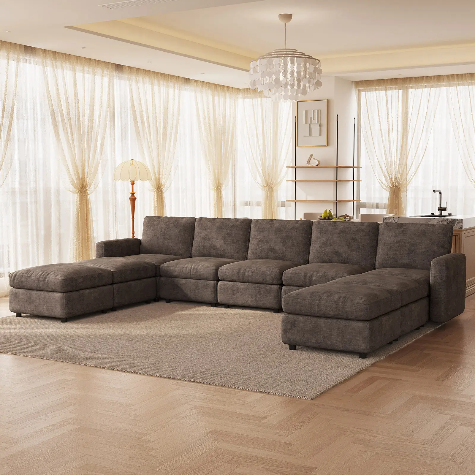 Guyii Modern Sectional Set - 2-9 Piece Oversized L/U-Shaped Sturdy Sofa, Convertible Sleeper with Optional Storage Ottoman, Dark Brown Velvet-Like Polyester for Family Living Room