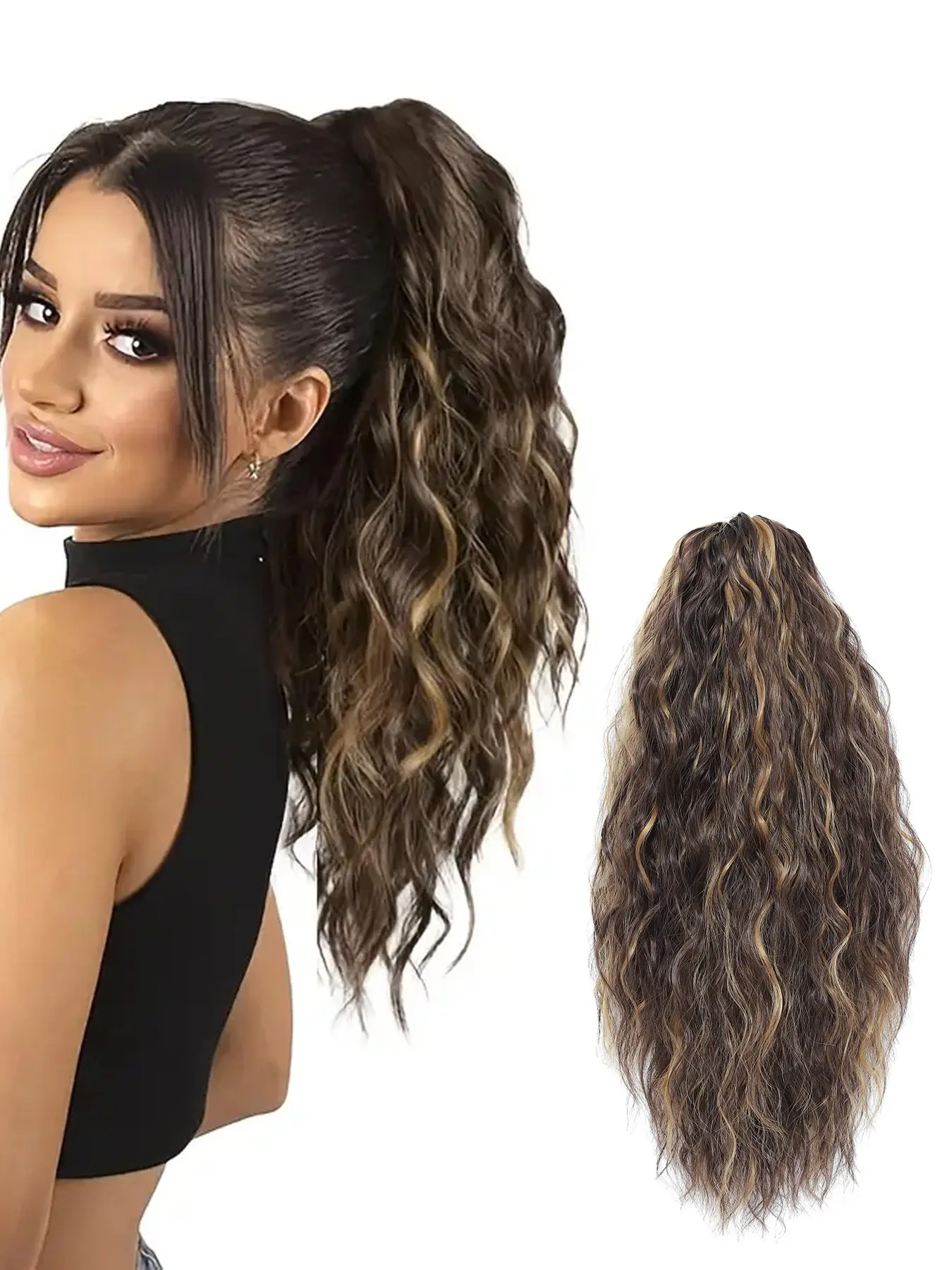 Claw Wavy Natural Fake Ponytail Extension Black Brown 16" Curly Pony Tail Glueless Clip in Hair Extensions for Women fluffy Natural Looking Synthetic Soft Hairpieces for Daily Use Soft Curly Ponytails