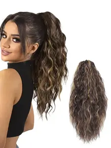 Claw Wavy Natural Fake Ponytail Extension Black Brown 16" Curly Pony Tail Glueless Clip in Hair Extensions for Women fluffy Natural Looking Synthetic Soft Hairpieces for Daily Use Soft Curly Ponytails