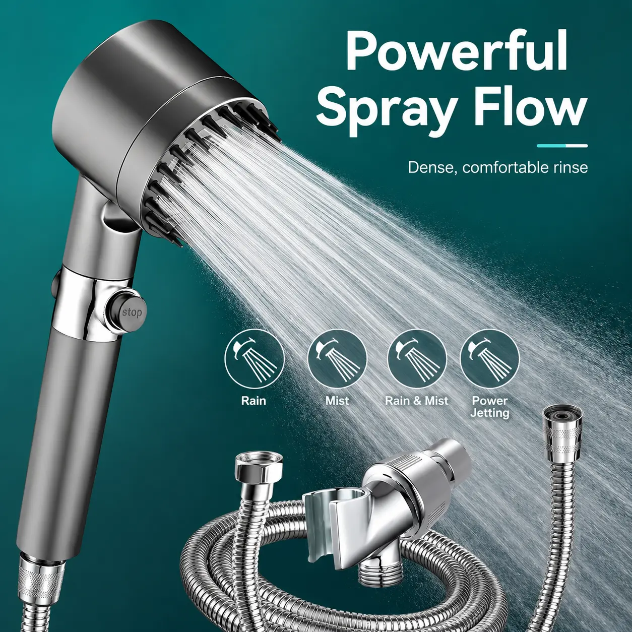 Contemporary Bathroom Rain Showerhead Set with Handheld Showerhead, High-Pressure Multiple Jets, Grey Double-Layer Curtain & Powerful Control - Indoor Home Bathroom Essential Gadget
