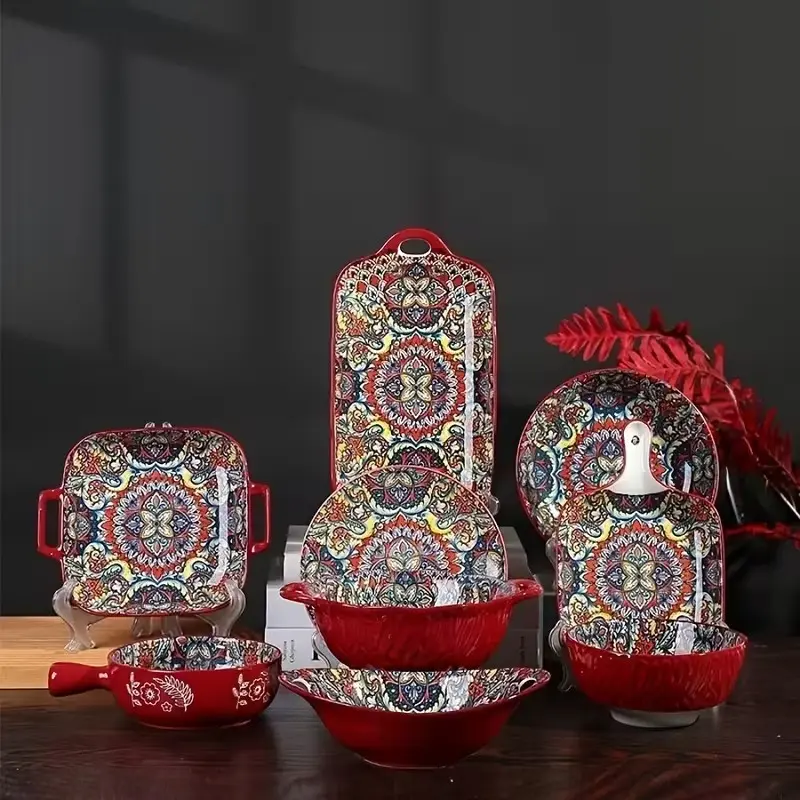 Bohemian Style Deep Ceramic Dinnerware Set, Tableware Set, Kitchen Tableware, 8-Piece Bowl and Plate Set, Microwave and Oven Safe, Ideal for Home and Restaurant Use
