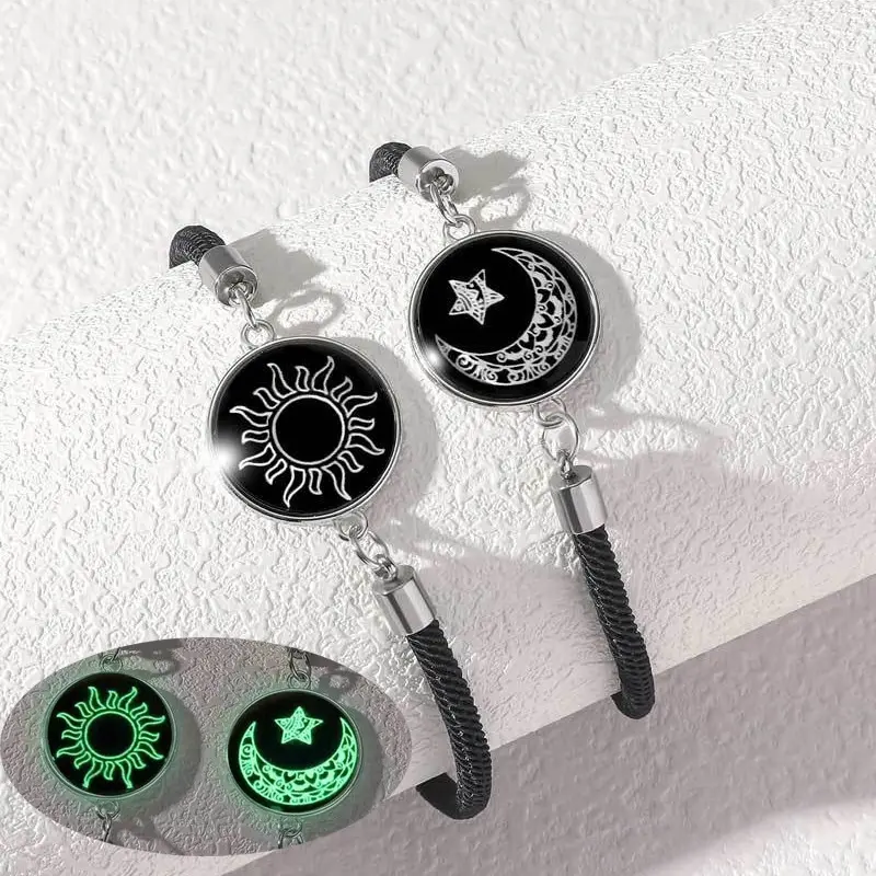 Boho Sun and Moon Bracelet Set, Glow in the Dark Glass Charms for Couples, Handmade Adjustable Braided Cord, Unisex Romance Gift, Anniversary, Lights Up At Night, Bohemian Jewelry, Set Pair, Sun & Moon, Crescent Moon Sun Star Pendant Bracelets & Bangles