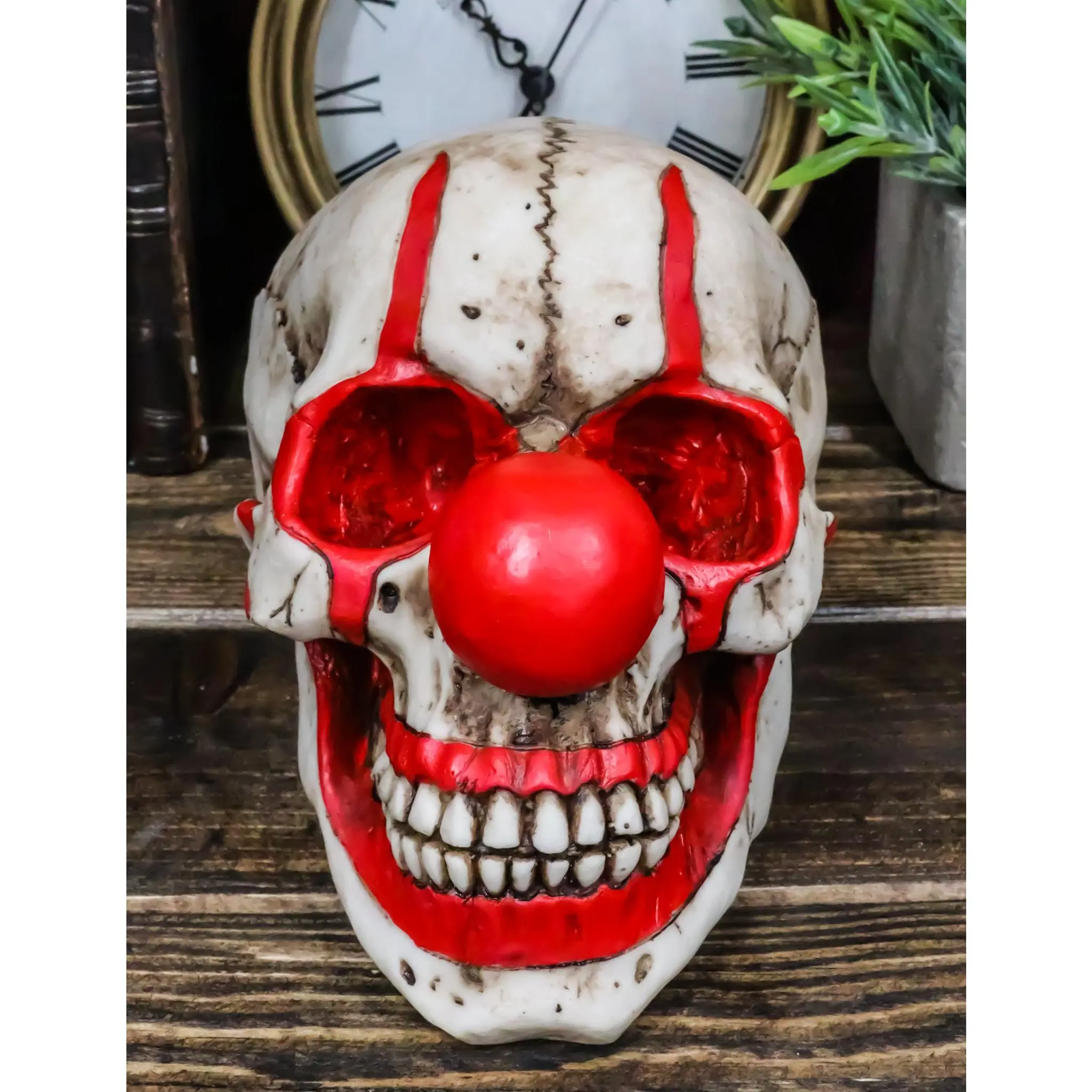Ebros Gift Creepy IT Jester Clown Harlequin Joker Skull Figurine with Red Nose - 5" Tall, Polished Individually, Day of the Dead Ossuary Collectible Sculpture, Ebros Gift Satisfaction Guarantee
