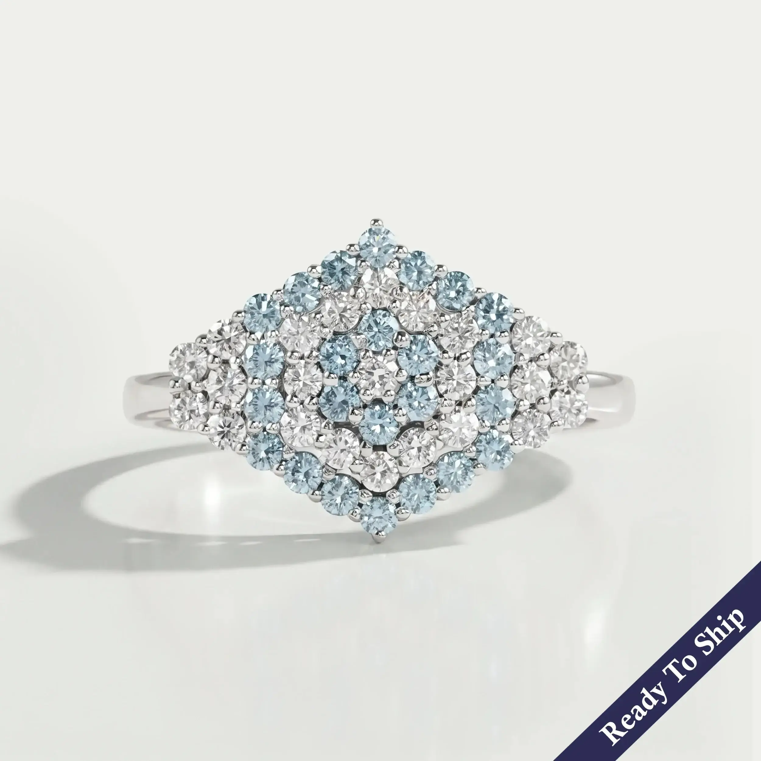 Blue Round Cut Lab Grown Diamond Cluster Set Ring
