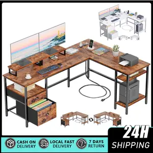 L Shaped Office Desk with Power Outlets, 65Inch Computer Desk with 2 Drawers, Shelves, for Gaming, Corner Work, Home Office, Study L-shaped office desk with power socket, reversible computer game table, fabric drawer, and 2 monitor stands