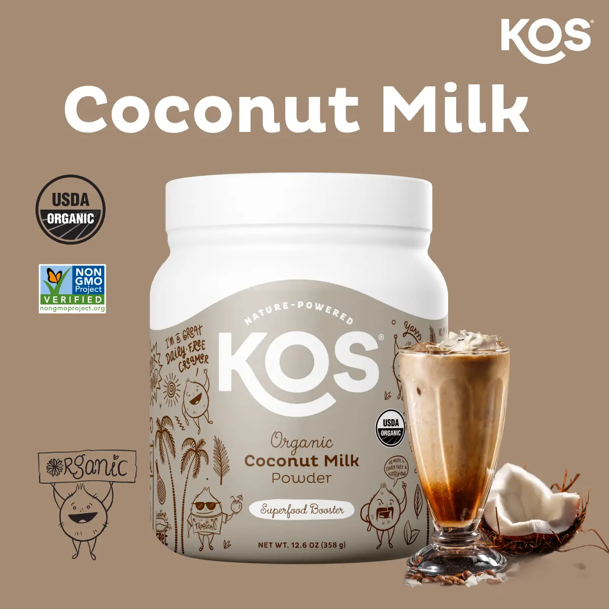 KOS Leche de Coco Orgánica en Polvo, Certificada USDA Organic, 0 g de Azúcar, Creamer Vegetal con MCTs para Café y Smoothies, Vegana, Keto, Paleo, Non-GMO, Sin Gluten ni Lácteos, 12.6 oz, 179 Porciones