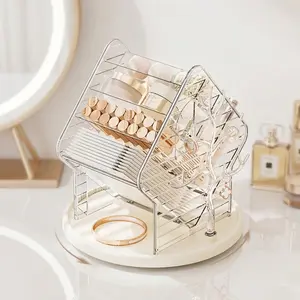 360  Rotating Luxury Cosmetic Organizer - Makeup Brush Holder - Aesthetic Vanity Display Stand for Skincare & Perfumes - Gold-Trimmed Makeup Storage Carousel for Bedroom & Bathroom - Beauty Organizer