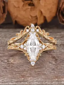 Vintage Ring Set 2 Pcs with Artificial Gemstones, Geometric Design Engagement Rings, Stackable Wedding Jewelry Gift for Women Primise Rings Promise Ring