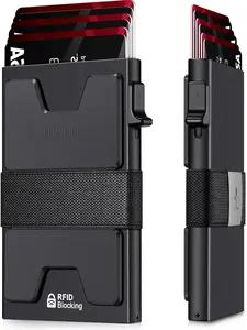 Ultimate Slim RFID Blocking Wallet for Men – Minimalist Metal Card Holder with Pop-Up Case, Cash Strap, Expandable Backplate – Holds 12+ Cards & Cash