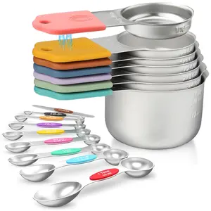 16-Piece Magnetic Measuring Cup and Spoon Set – Heavy-Duty 304 Stainless Steel, Measurement Markings, Includes Level – Stainless Steel Dry/Wet Measuring Tools for Baking, Cooking, Kitchen