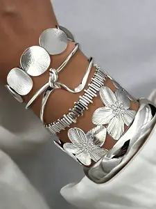 Women's Bracelet Set Chunky Wide Flower Chain Irregular Lines Round Disc Bangle Stackable Bracelets Jewelry Gift for Girlfriend Mom Daily Date Vacation Party Fashionable Chunky Bangles