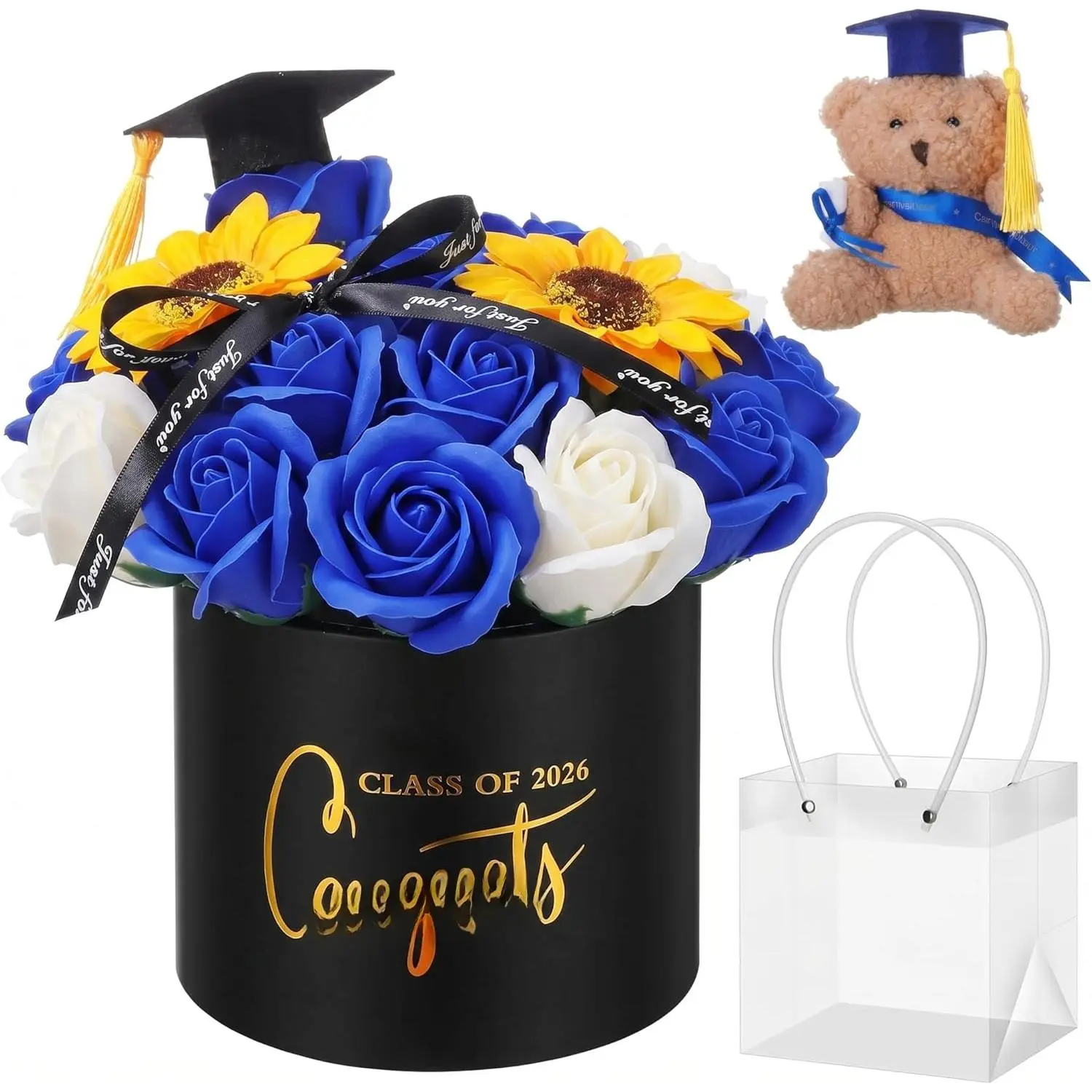 Blue Graduation Bear Bouquet Gift Set - Class of 2026 Scented Soap Flowers, Artificial Sunflower, Mini Plush Bear, Transparent Window Box, Scented Artificial Bouquet Party Gifts for High School Graduates, Scent, Blue Flower Bouquet Party Gifts