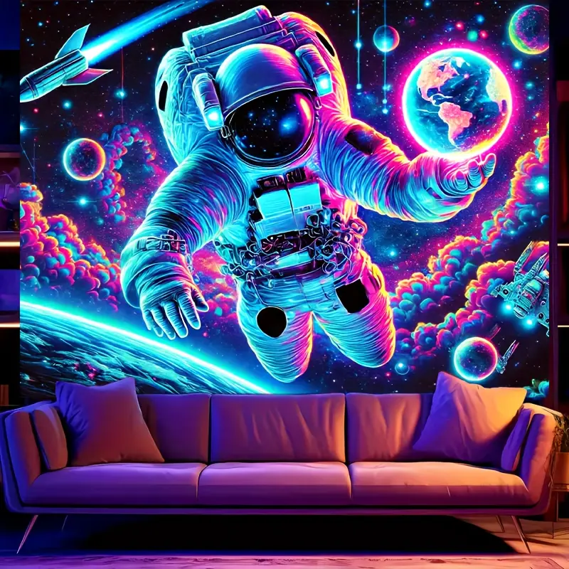 Glow-in-Dark Space Theme Astronaut Tapestry - Polyester Multipurpose Wall Decor, Sci-Fi Neon Art, Batteries-Free Home & Outdoor Hanging for Party, Bedroom