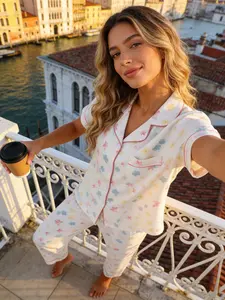 Women's Short Sleeve Long Pants Pajama Set Pjs, Loungewear, Watercolor Floral Print, Loose Fit, Casual Home Wear, All Seasons, Soft Breathable Fabric