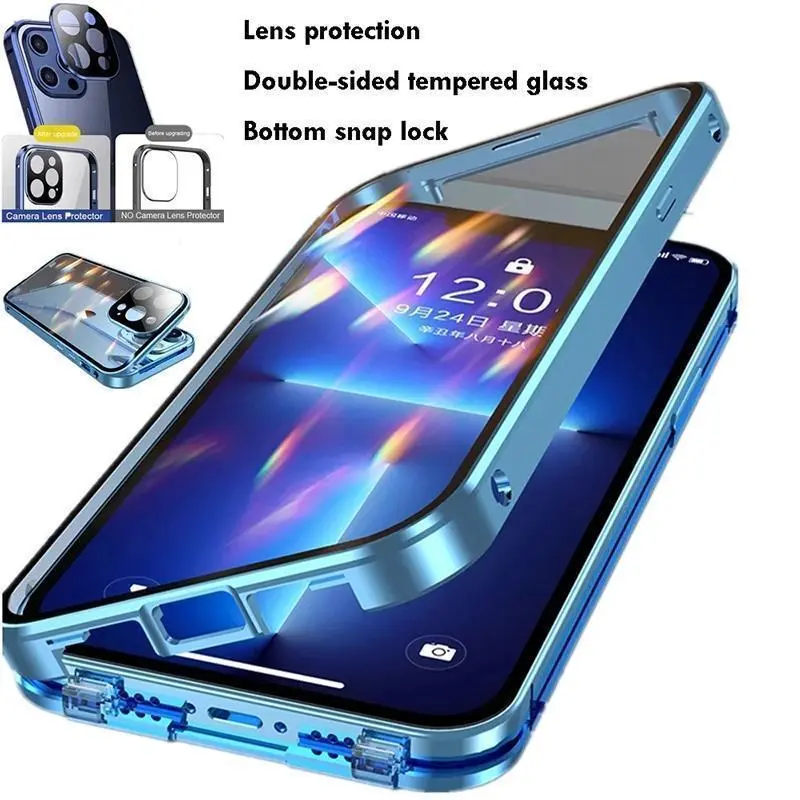 360°Full Protection Metal Magnetic Snap Lock Phone Case For IPhone 17 15 13 12 14 16 Pro Max Plus Double-sided Glass Bumper Cover