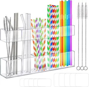2026 Reusable Straws Organizer Storage Dispenser for Kitchen Counter Cupboard Door, 9.5” Large Acrylic Straw Holder for Cabinet with Double Sided Adhesive Squares and Stickers, (Transparent)