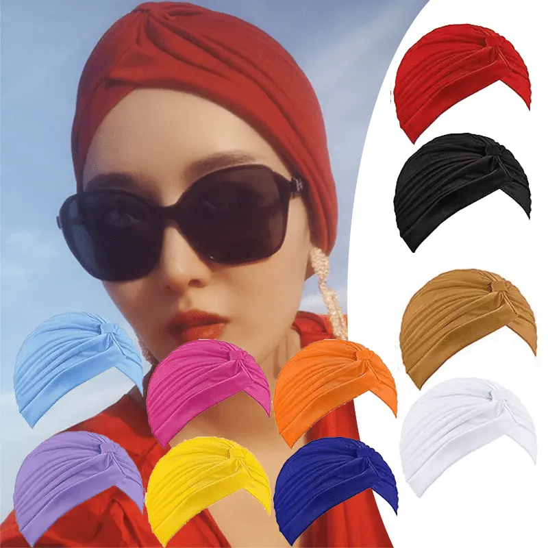 Women's 10pcs Stretchy Turban Caps - All Seasons Sports & Outdoor Hats, Chemo Head Wraps, Twisted India Bennie, Lightweight Soft Satin Bonnet Hair Scarf Headbands