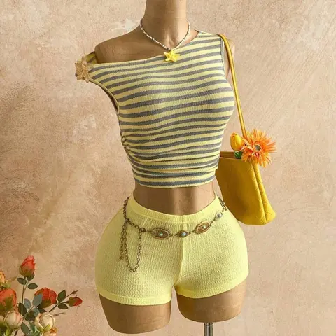 Women's Striped Off-Shoulder Asymmetrical Shorts Set, Summer Sets Casual, Casual Chic Set, Low-Cut Top + Fitted Short Skirt Two-Piece, Fitted Silhouette, Textured Casual Home Set & Summer Outfit - Perfect for Vacation, Dates, Shopping, and Daily Wear