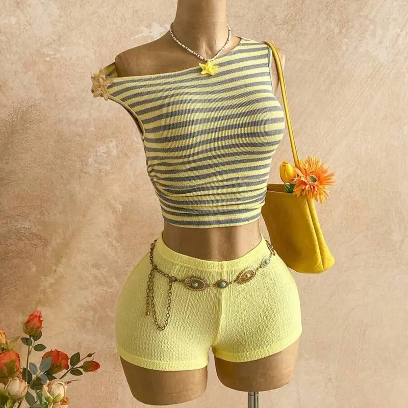 Women's Striped Off-Shoulder Asymmetrical Shorts Set, Summer Sets Casual, Casual Chic Set, Low-Cut Top + Fitted Short Skirt Two-Piece, Fitted Silhouette, Textured Casual Home Set & Summer Outfit - Perfect for Vacation, Dates, Shopping, and Daily Wear