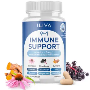 ILIVA by INDICAID 9-in-1 Immune Support Supplement: Daily Multi-Vitamin for Respiratory Health with Vitamin C, D3, Calcium, Zinc, Proprietary Herbal Extract Elderberry+echinacea+Turmeric. 60 Tablets for 30 Days