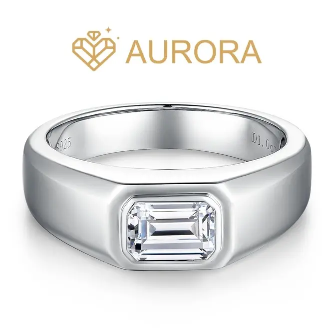 #77 Classic Men's 925 Sterling Silver Emerald-Cut Moissanite Ring, Male Wedding Engagement Bridal Ring