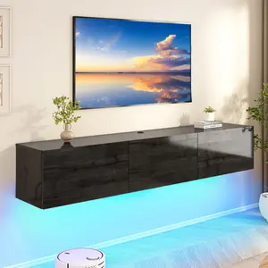 VanAcc 70" Floating TV Stand with LED Lights and Power Outlet, High Gloss Wooden Texture Wall Mounted Media Console for TVs Up to 80", Entertainment Center for Living Room, Bedroom, Gaming Room