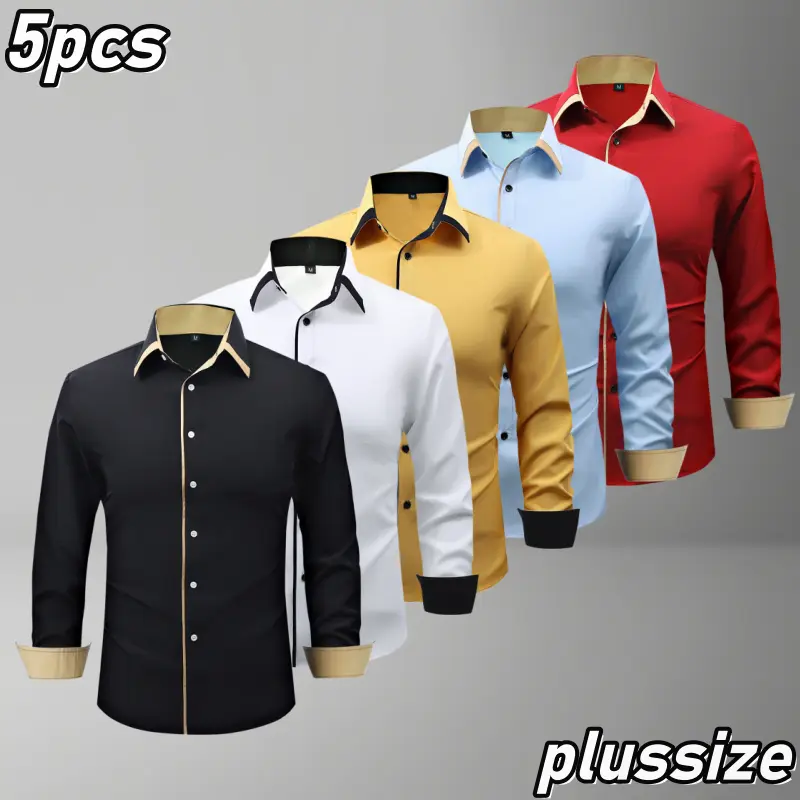 Men's 5-Pack Plus Size Color-Block Collared Business Casual Shirts - Chic, Comfortable, Breathable Polyester Longsleeves for Commuting & Everyday Wear
