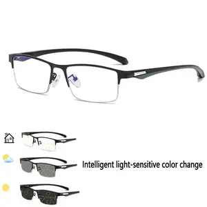 Progressive Reading Glasses, Casual Metal Semi-Frame with Photochromic Multi-Focal Lenses and Durable TR Temple Arms