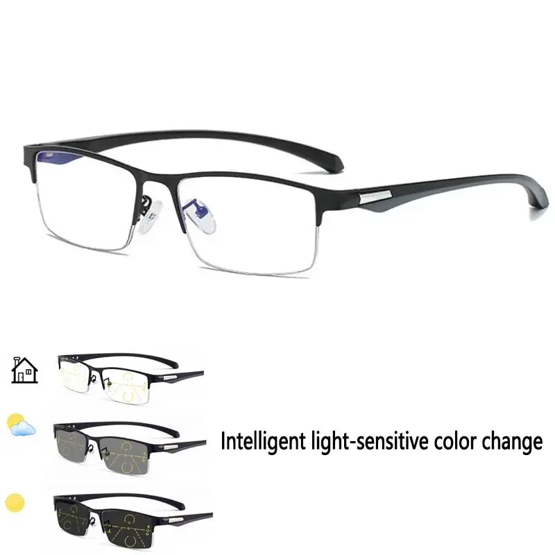 High Quality Eyewear Progressive Multifocal Eyeglasses - Alloy Semi-Frame, Photochromic Light-Adapted Lenses, Durable TR Temple Arms