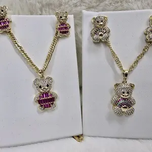 # 0030 Pink Bear Necklace Set with Earrings, Dije, and Chain size 18 inches