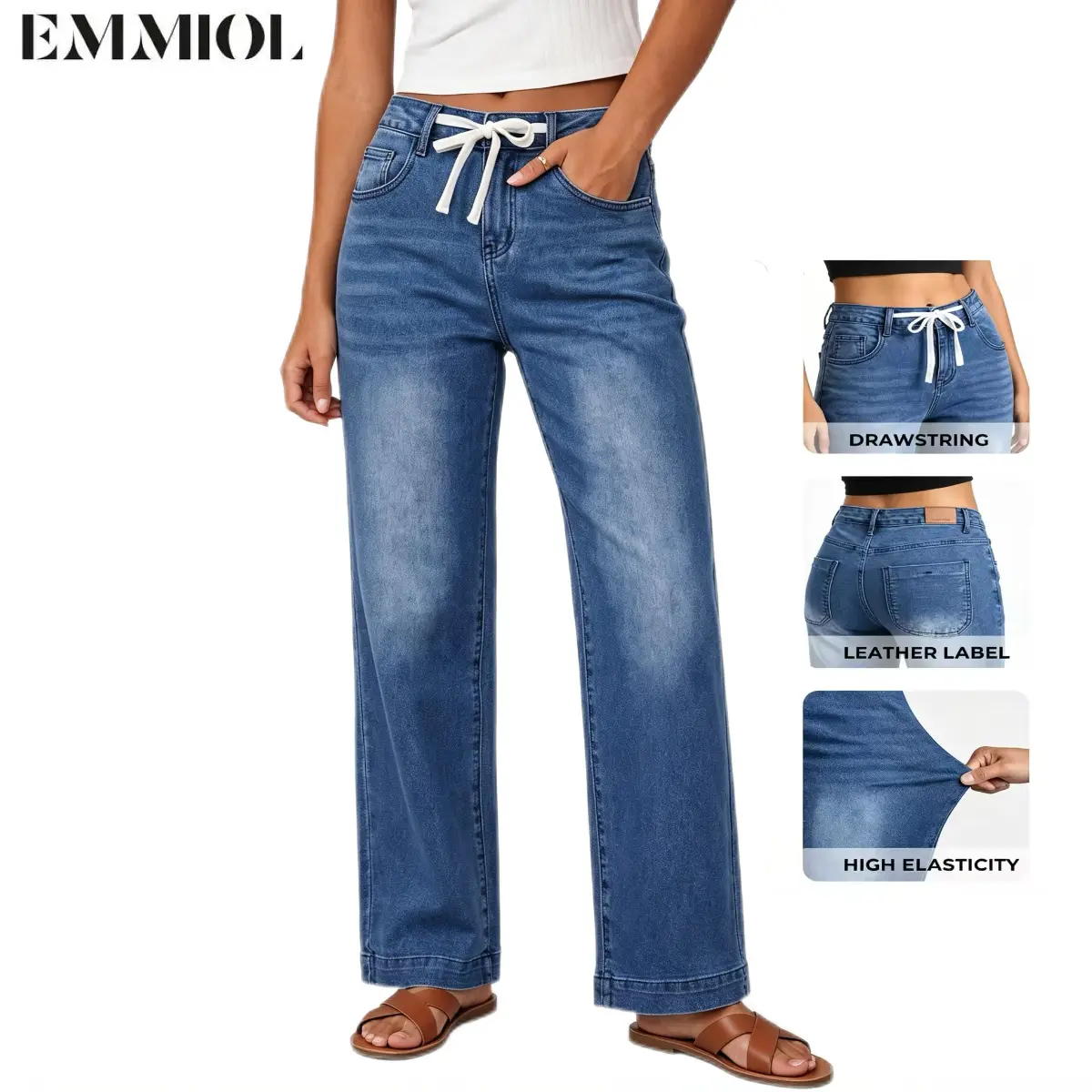 Wide Leg Jeans with Drawstring Waist and Pockets, Blue Denim, Comfortable Fit, Perfect for Casual Wear