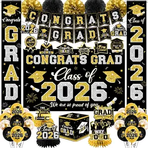 Graduation Decorations Class of 2026 Black and Gold Graduation Decorations with Congrats Grad Banner,Backdrop,Porch Sign,Balloons,Hanging Swirls,Honeycomb Centerpieces,Box for Graduation Party Decor
