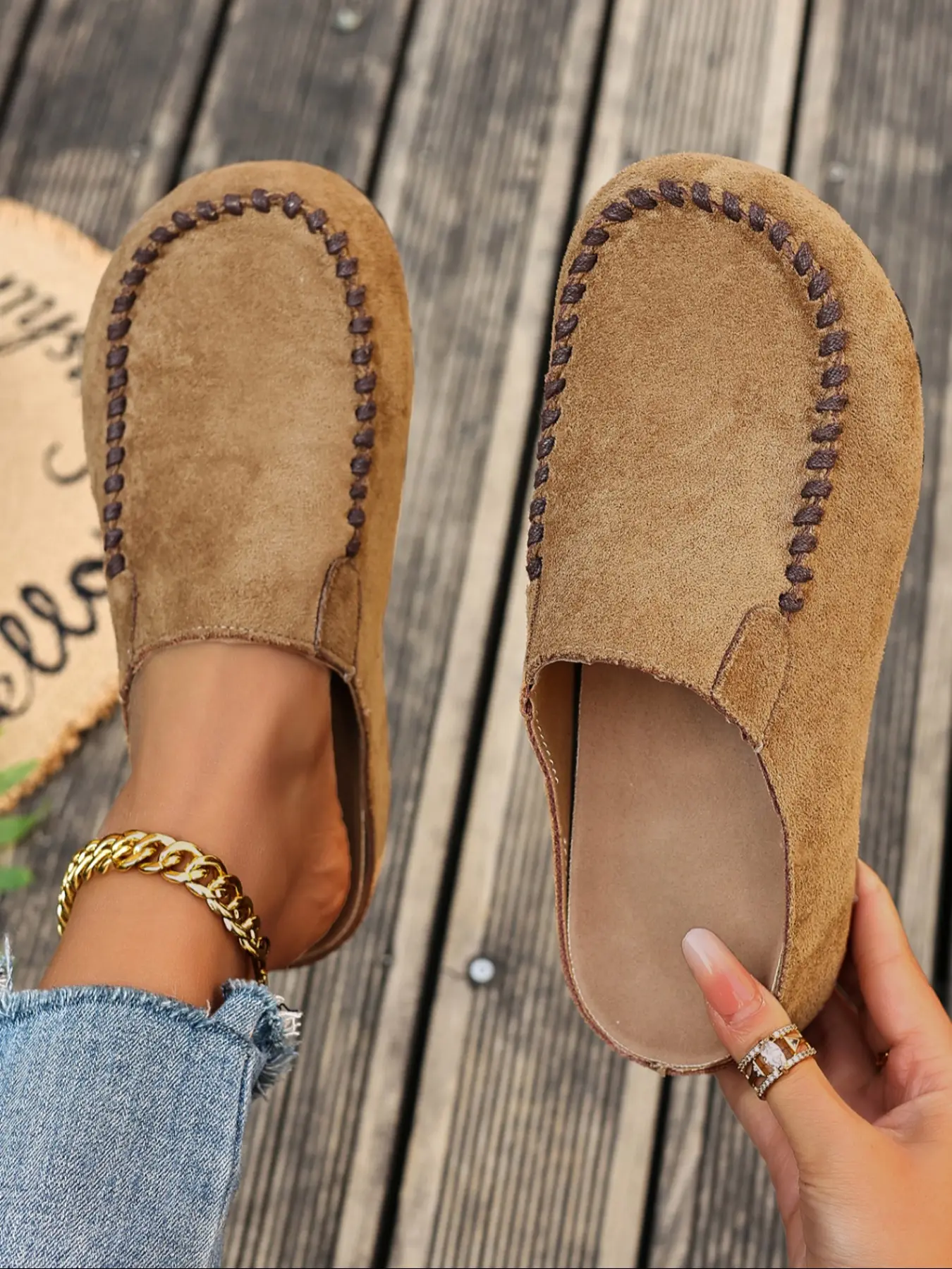 Women's Faux Suede Hand-Stitched Western Streetwear Mules, Vintage Slip-On Lazy Shoes, Comfortable Casual Half-Slip On-Off Fashion Rubber Sneakers, Mule Flats, Footwear