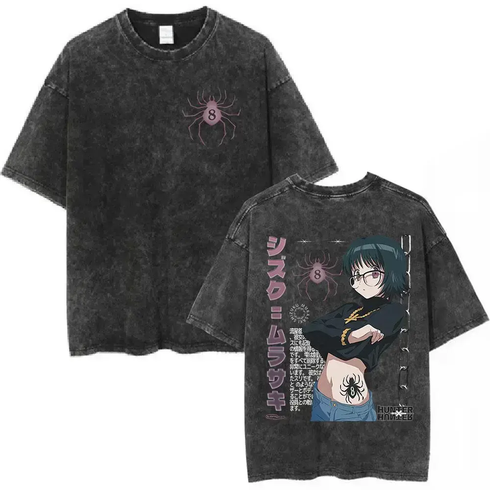 Vintage Acid Washed Heavyweight Cotton Oversized T-Shirt, Hunter x Hunter Shizuku Murasaki Phantom Troupe Spider 8 Double Side Manga Graphic Tee, Unisex Loose Gym Pump Cover Casual Shirt Anime Fan Gift Y2K Alt Grunge Retro Outfit