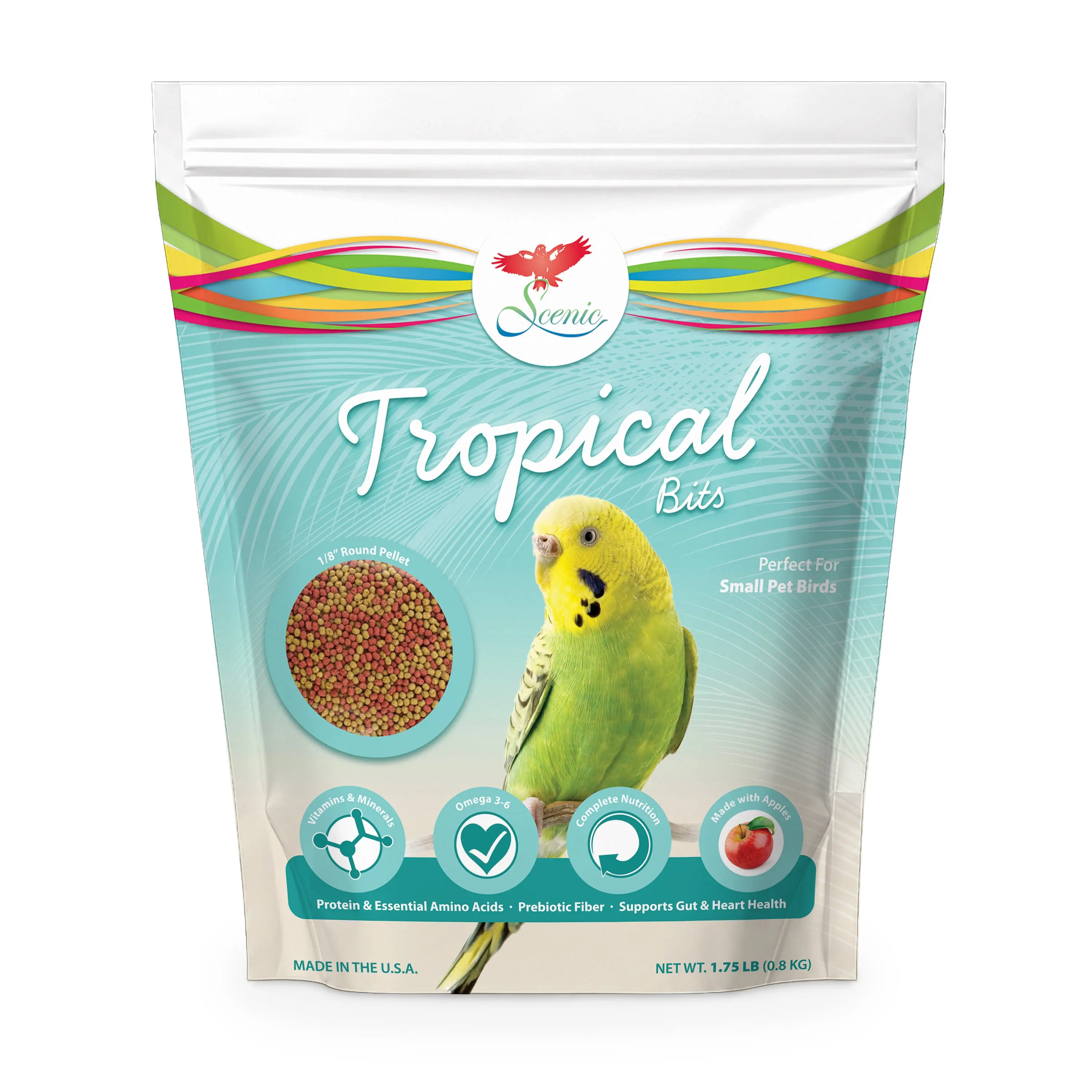 Scenic Tropical Bits Small Pet Bird Food - 1.75 lb Bag - 1/8" Bird Pellets - Complete Nutrition for Cockatiels, Budgies, Lovebirds, Conures & Lories