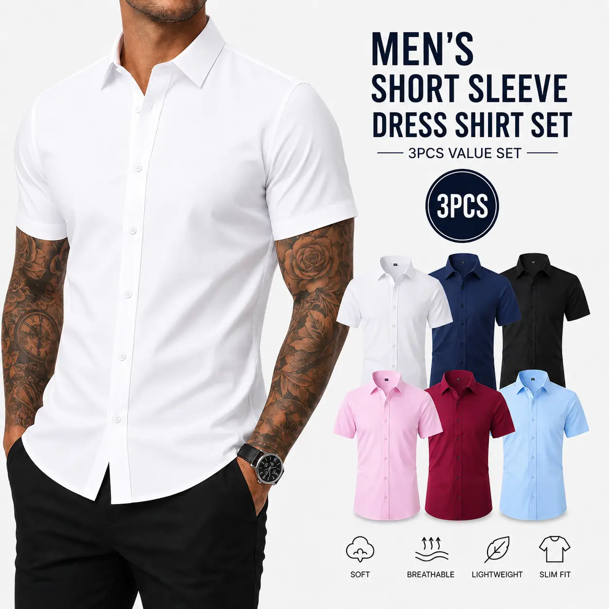 3-pack men’s solid-color small square-collar button shirts, summer casual dress short-sleeve shirts, cotton blend—durable, wear-resistant, resists fading, pilling, deformation, suitable for work, office, and everyday wear