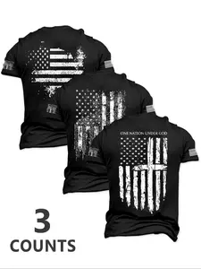 Men's American Flag Print Short Sleeve Tee, Regular Fit Casual Comfy Round Neck T-shirt for Summer, Men's Top for Daily Wear