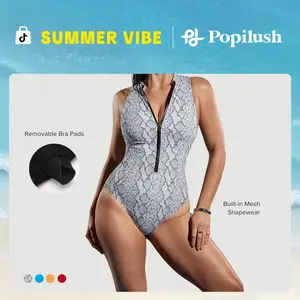 Popilush Women's Sleeveless Mock Neck One-Piece Swimsuit, Solid Black Front Zip Slimming Bathing Suit with Smooth Contoured Fabric