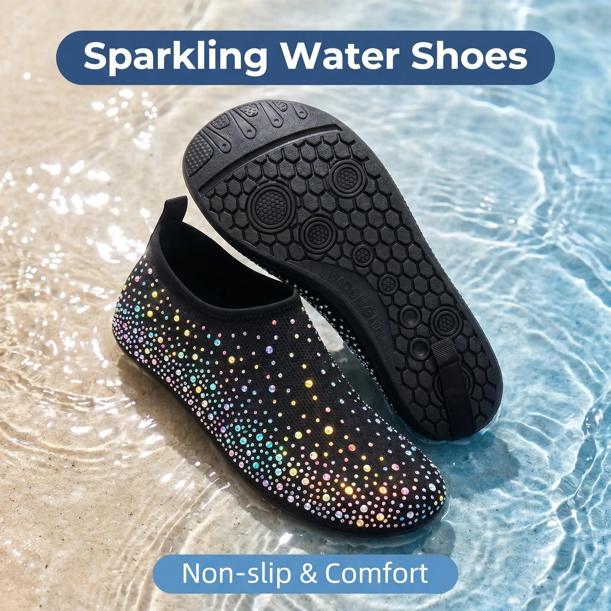Women's Bling Rhinestone Aqua Shoes - Slip-On Barefoot Round Toe, Quick-Dry Stretch Fabric, Lightweight Flexible Non-Slip Watershoes, Casual Fashion for Beach, Pool Use