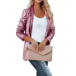 LadiesGirlsWomen′sCasualBlazerSolidColorFashionSequinsLongSleevesLapelJacketFemaleGiftClubBarOfficewearTopsOuterwear