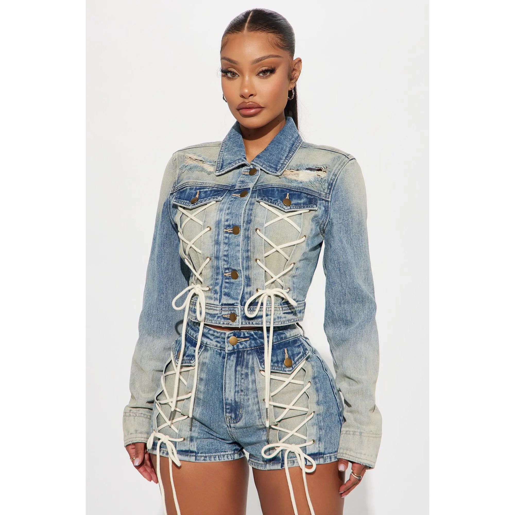 Reaching New Levels Lace Up Denim Jacket - Vintage Wash