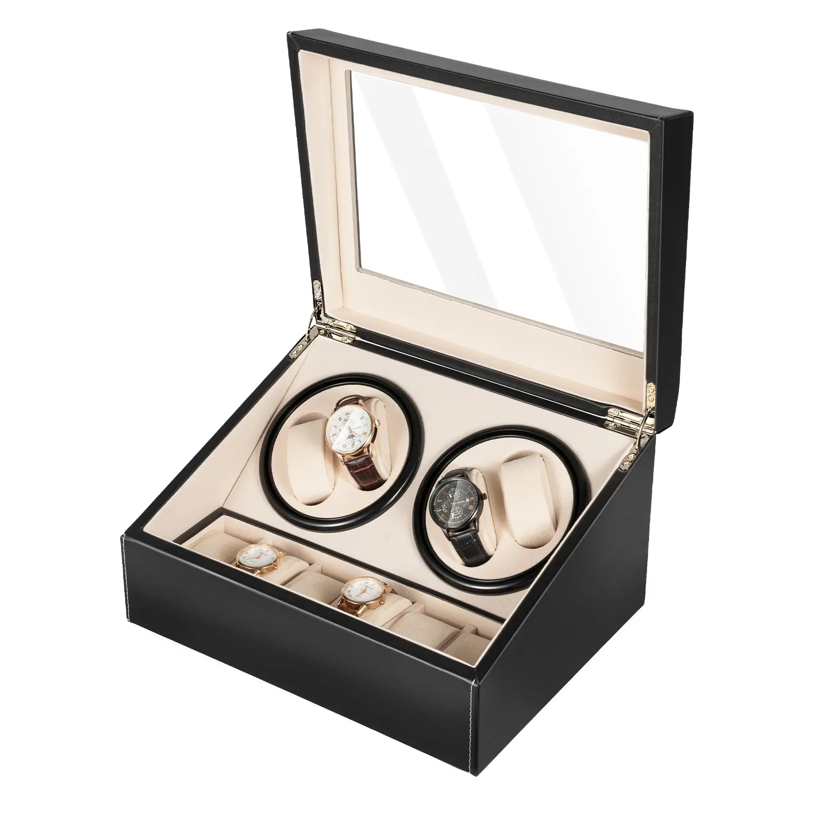 Black PU Leather Automatic Watch Winder 4 Winders 6 Storage Slots Bidirectional Quiet Motor Clear Glass Display for 10 Mechanical Watches Home Store