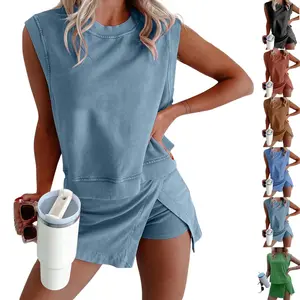 Women's 2-Piece Athletic Skort Set - Sleeveless Muscle Tank & Asymmetrical Skirt Outfit