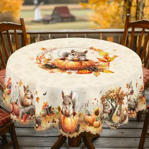 PLUMLIK Fall Tablecloth with Squirrel Pumpkin Maple Leaves Pinecone Patterns, Vintage Rectangular Round Table Cover, Animal Theme Autumn Decor Suitable for Thanksgiving Day Indoor Outdoor Holiday Party, Farmhouse Table Decoration, Home Kitchen Accessories