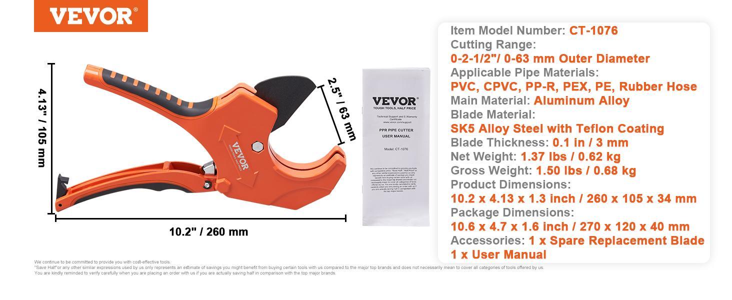 VEVOR PVC Pipe Cutter, TikTokShopBlackFriday, 0-2-1/2" O.D. Ratcheting PVC Pipe Cutter, Heavy Duty Tube Cutting Tool with Spare SK5 Blade for PVC, CPVC, PP-R, PEX, PE, Rubber Hoses