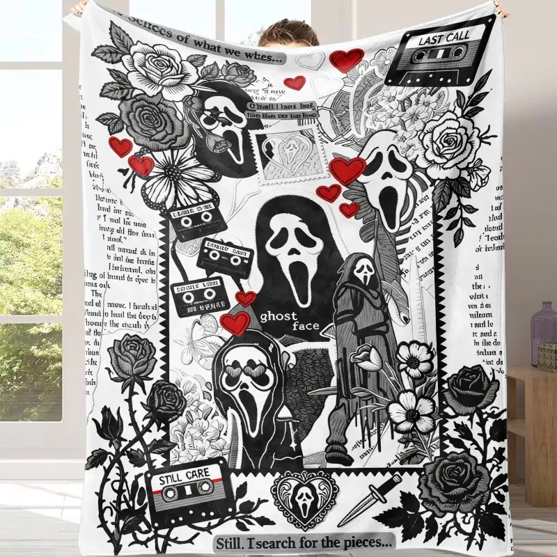 Ghost Face Roses Floral Cassette Embroidery Flannel Blanket - Soft Warm Lightweight Art Print Decorated Throw with Floral Accents, Face Print Option for Bedroom, Halloween Home Decor Gift, Art Print Blankets, Decorated Blankets