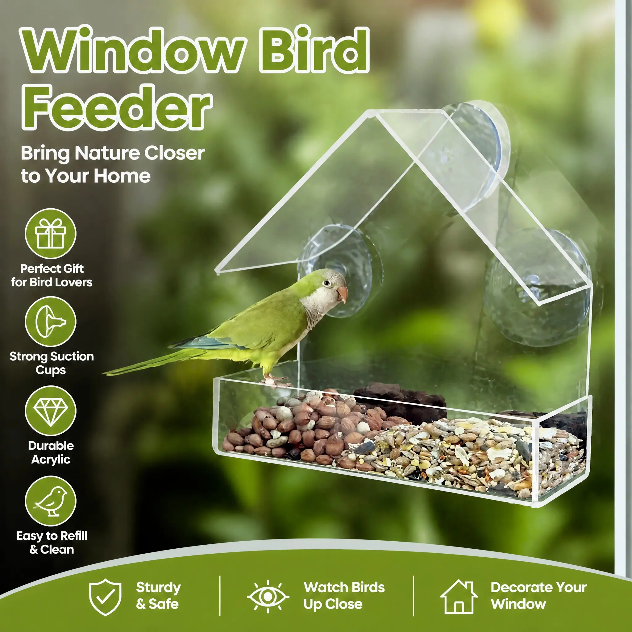 Bird feeder with transparent window, hangable on birdhouse, outdoor hanging feeder with suction cups, floating birdhouse, pet supplies, porch decoration
