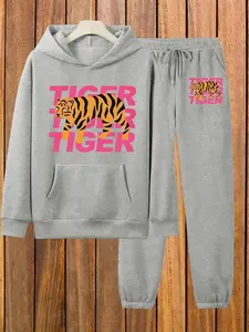 Women's Hooded Sweatshirt Set, Fall & Winter Tiger Pattern, Colorblock Print, Casual Fitted Style, Trendy Streetwear