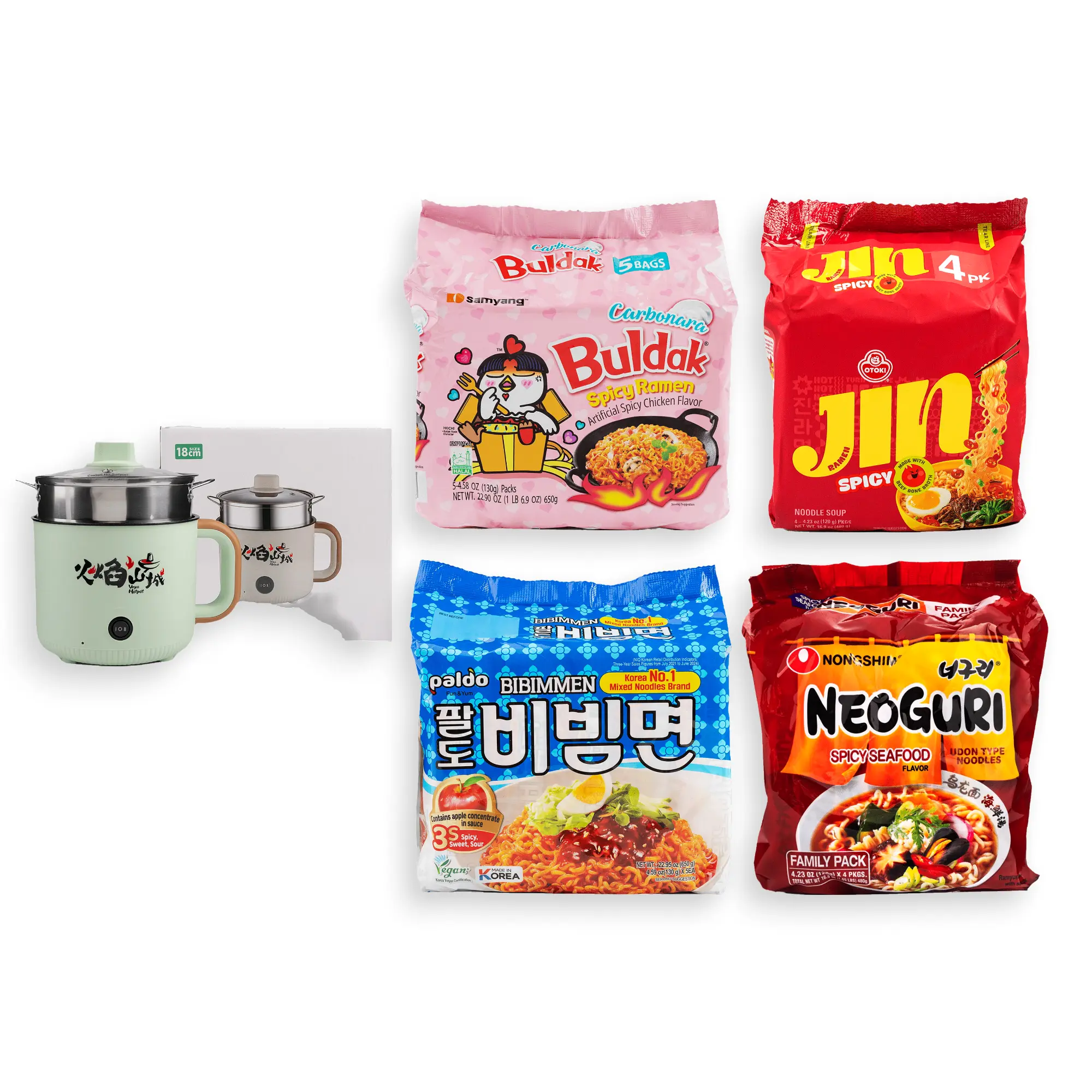 Korean Instant Ramen Variety Bundle - Compact, Popular Spicy/Mild Packs, Multi-Use Electric Cooking Pot