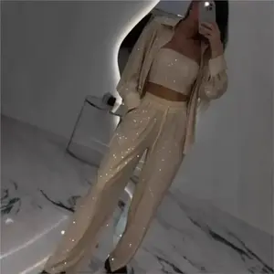 Sexy sequin shiny three-piece set for women: strapless tube top, lapel shirt coat, and lace-up pants outfit for spring and autumn; hollow-out womenswear clothing